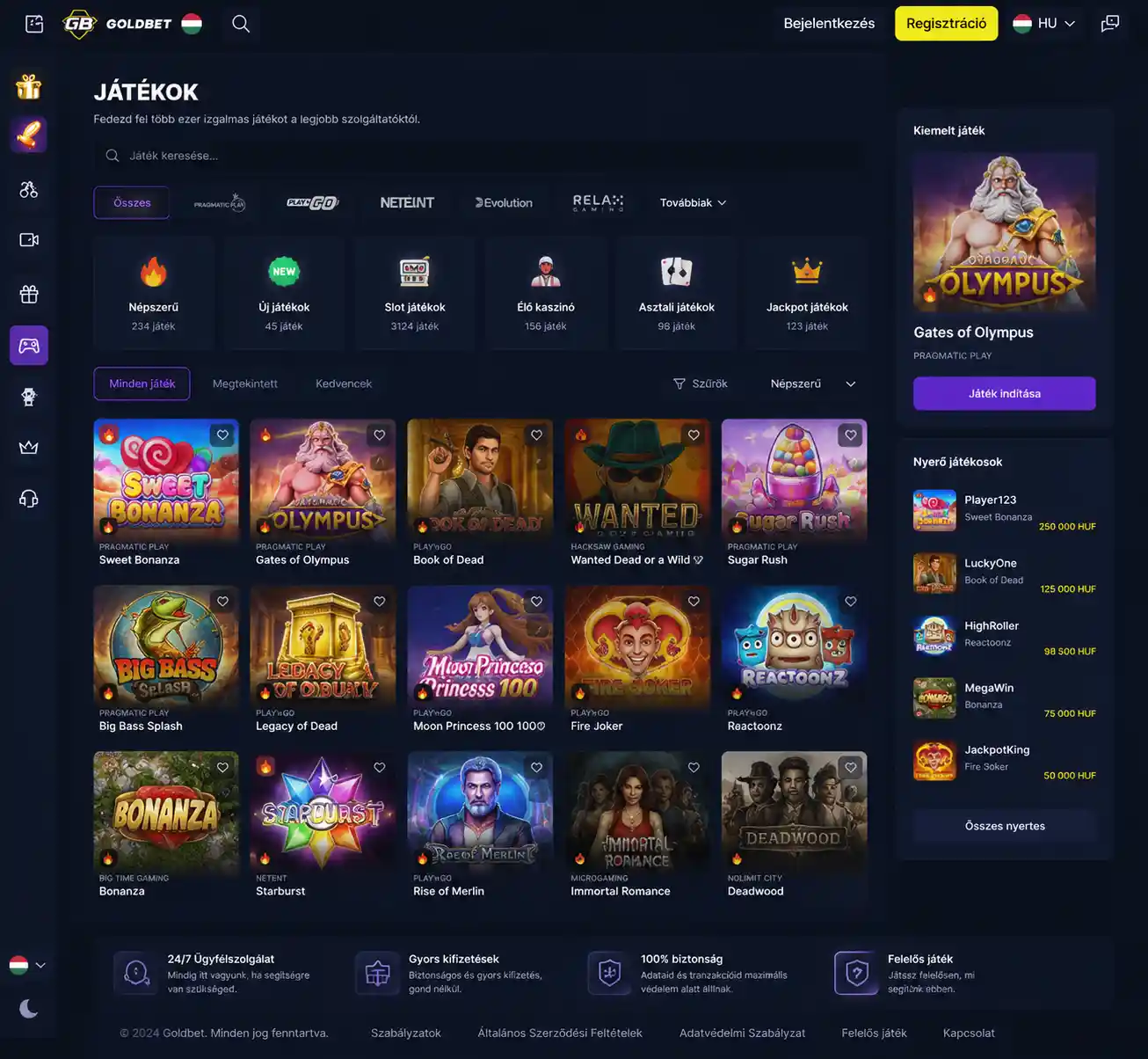 Goldbet Casino főoldal — a navigációs menü és a játékkategóriák elrendezése